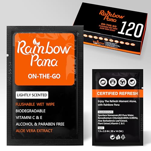 RainbowPana 120 Count Flushable Wipes for Men: ON-THE-GO, Individually Wrapped | Butt Wipes, Travel Wipes | Lightly Scented - Vitamin C, E, Aloe, Plant Extract