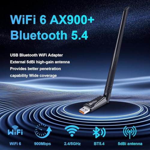 Image of BIGASUO 2-in-1 USB Bluetooth WiFi Adapter, AX900 WiFi 6 + Bluetooth 5.4 | Dual-Band 2.4GHz /5GHz with 5dBi High-Gain Antenna, Compatible with Windows 7 /10 /11 (WiFi), Windows 10 /11, Glossy Black