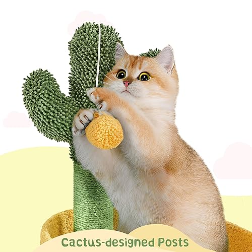 Yaheetech Kaktus Kratzbaum, Oase-Thema Moderner Katzenbaum 123 cm hoch, Stilvoller Kletterbaum für 2-3 Katzen, mit 2 Plattformen 2 Höhlen, Grün-Gelb – Bild 7