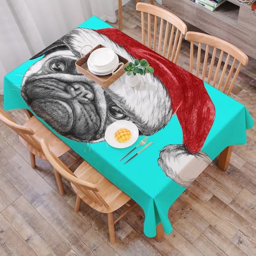 DALEXHM Mantel Mesa Rectangular 137x183 cm,Un Pug con un Gorro de Papá Noel se Sienta sobre un Fondo Turquesa Brillan,Durabilidad y Fácil Limpieza para tu Mesa - Mantel Hule Antimanchas e Impermeable