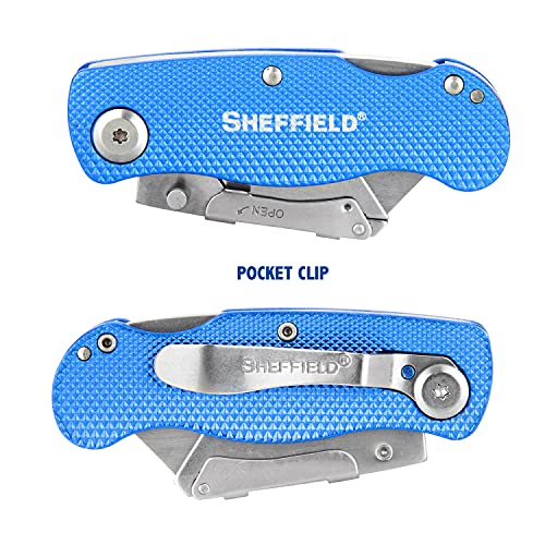 Image of Sheffield Folding Utility Knife, Accepts Standard Utility Knife Blades, Box Cutter Aluminum Handle, Razor Blades Included, For Home, Office, Trades, and Warehouse