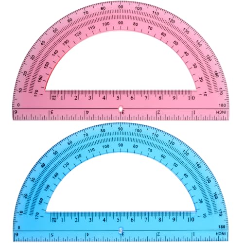 EBOOT Plastic Protractor Math Protractors 180 Degrees, 6 Inch, Pack of 2 (Pink, Blue)