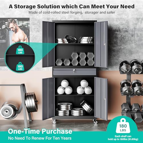 Image of Metal Garage Storage Cabinet with Wheels and Drawer,Gray Rolling Garage Cabinet with Locking Doors and Adjustable Shelves,73 inch Tall Mobile Metal Storage Cabinets on Wheels for Home,Office,Garages,Tool