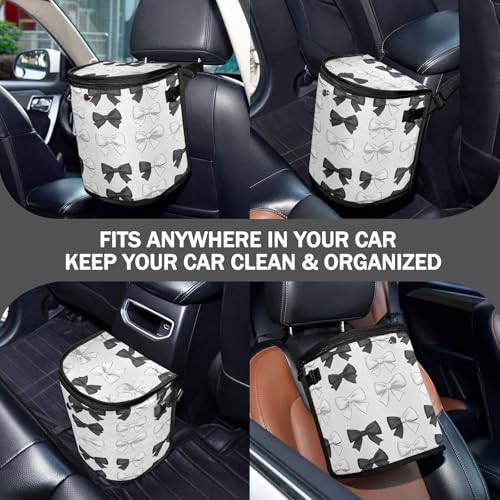 Image of Car Trash Can Black White Bows Car Garbage Bag with Lid Hanging Waterproof Leak Proof Vehicle Storage Bin