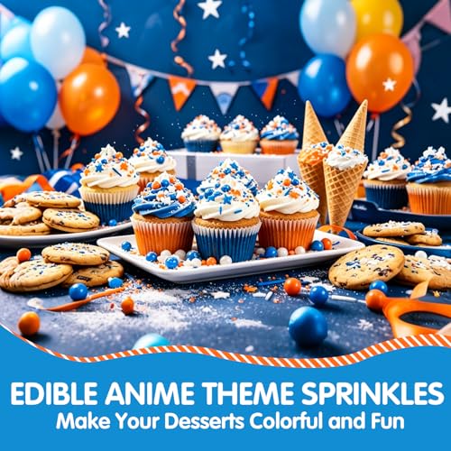 Image of Edible Blue Orange Sprinkles for Cake Decorating,130g White Stars Pearls and Jimmies Mix,Round Sugar Confettis Sprinkle,Cupcake,Cookies,Donut,Basketball Soccer Sports Themed Holiday Dessert Toppings,Birthday Celebration Supplies
