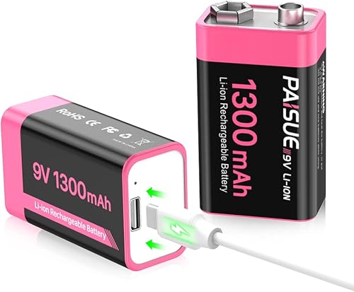 PAISUE Baterías recargables de 9 V, 1300 mAh de alta capacidad de iones de litio de larga duración para detector de humo, alarma de incendios,