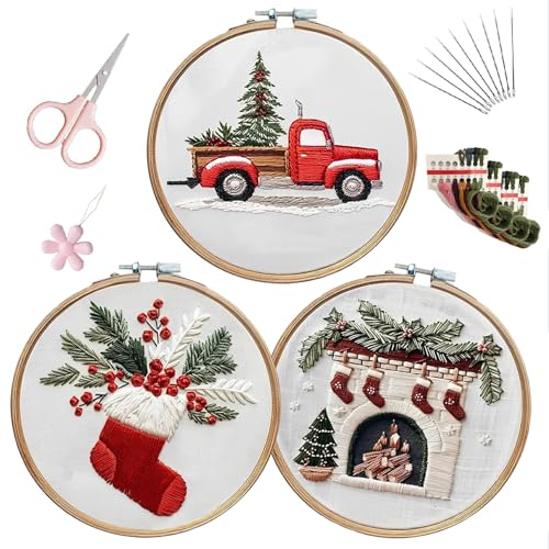 Image of EOBTAIN 3 Pcs Christmas Embroidery Kit for Beginners,Red Christmas Embroidery Kits for Adults,Cross Stitch Kits for Beginners with Pattern, Needles, Threads, Tools,Hand DIY Craft Kits for Adults