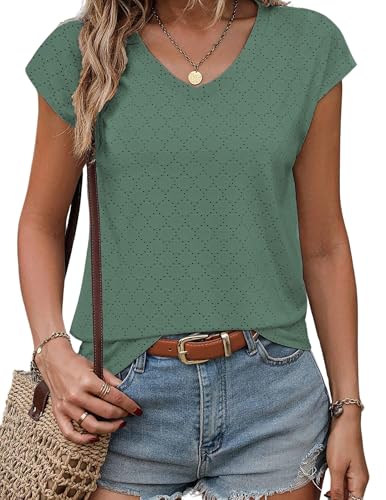 ZEAGOO T Shirt Damen V Ausschnitt Kurzarm Blusentop Sommer Elegant Luftig Lochstickerei Shirt Grün M
