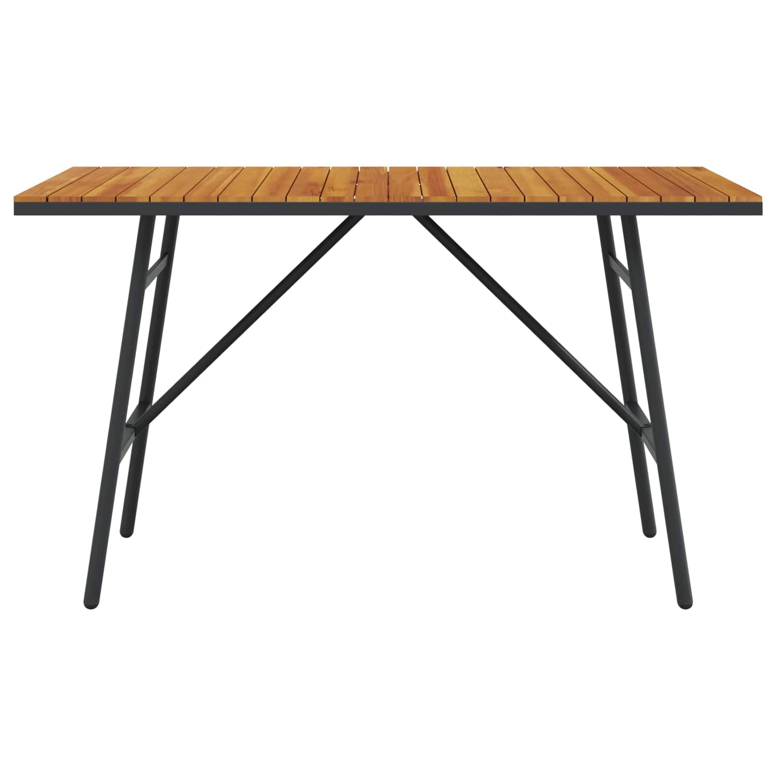 Tavolo da pranzo in legno di acacia massiccio, marrone, 110 x 55 x 61,5 cm, con telaio in metallo nero, tavolo da giardino per terrazza, per balcone e cene all'aperto