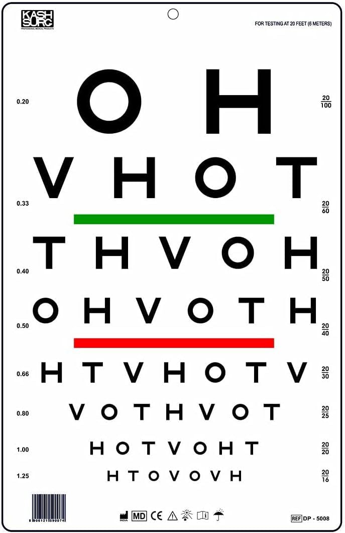 KASHSURG HOTV Distance Eye Chart with Red/Green Lines 20 Ft_168_Pack of 17.