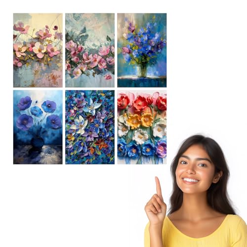 Image of SiddArtify Palette Knife Floral Art Print Set - Pink Blue and Rainbow Flowers - Sticker - 8x12 Inch - Pack of 6 Wall Room Decoration art Poster Prints