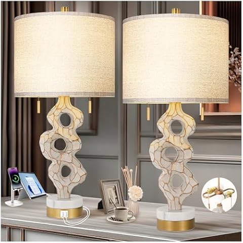 Scenekoy Sculptural Table Lamp Set of 2 for Bedroom, 26” Farmhouse Bedside Lamps for Living Room, Rustic Linen Shade Night Stand Lamp Marble Base with USB Ports for Home Decor (E26 Bulbs Included) Cover