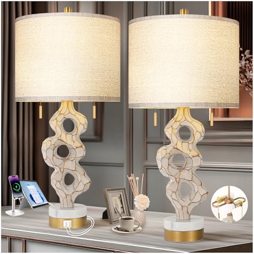 Scenekoy Sculptural Table Lamp Set of 2 for Bedroom, 26” Farmhouse Bedside Lamps for Living Room, Rustic Linen Shade Night Stand Lamp Marble Base with USB Ports for Home Decor (E26 Bulbs Included)