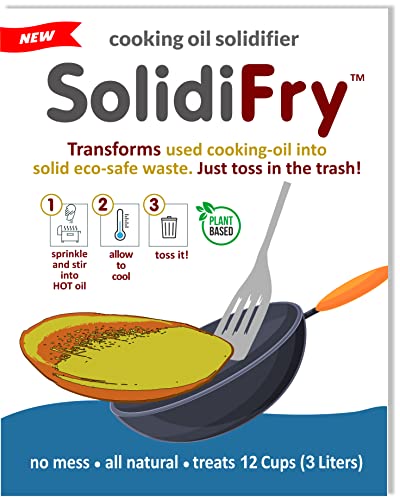 SolidiFry - Polvo solidificante de aceite de cocina, 100 % vegetal, solidifica hasta 12 tazas (3 litros) - Añádelo al aceite caliente - A medida que se enfría se vuelve sólido. ¡Entonces simplemente