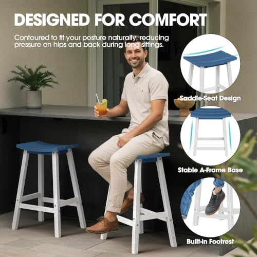 Image of Ciokea 2 Set 29 inch Outdoor Bar Stools, Heavy Duty HDPE Outdoor Stools Weatherproof Waterproof Patio Seats Modern Bar Height Tall BarStools for Bar Deck Balcony Yard, White and Navy Blue