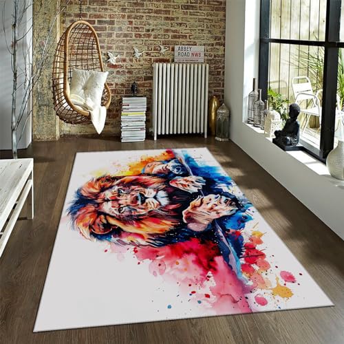 Tapis lion aquarelle flanelle douce lavable grand format - 2