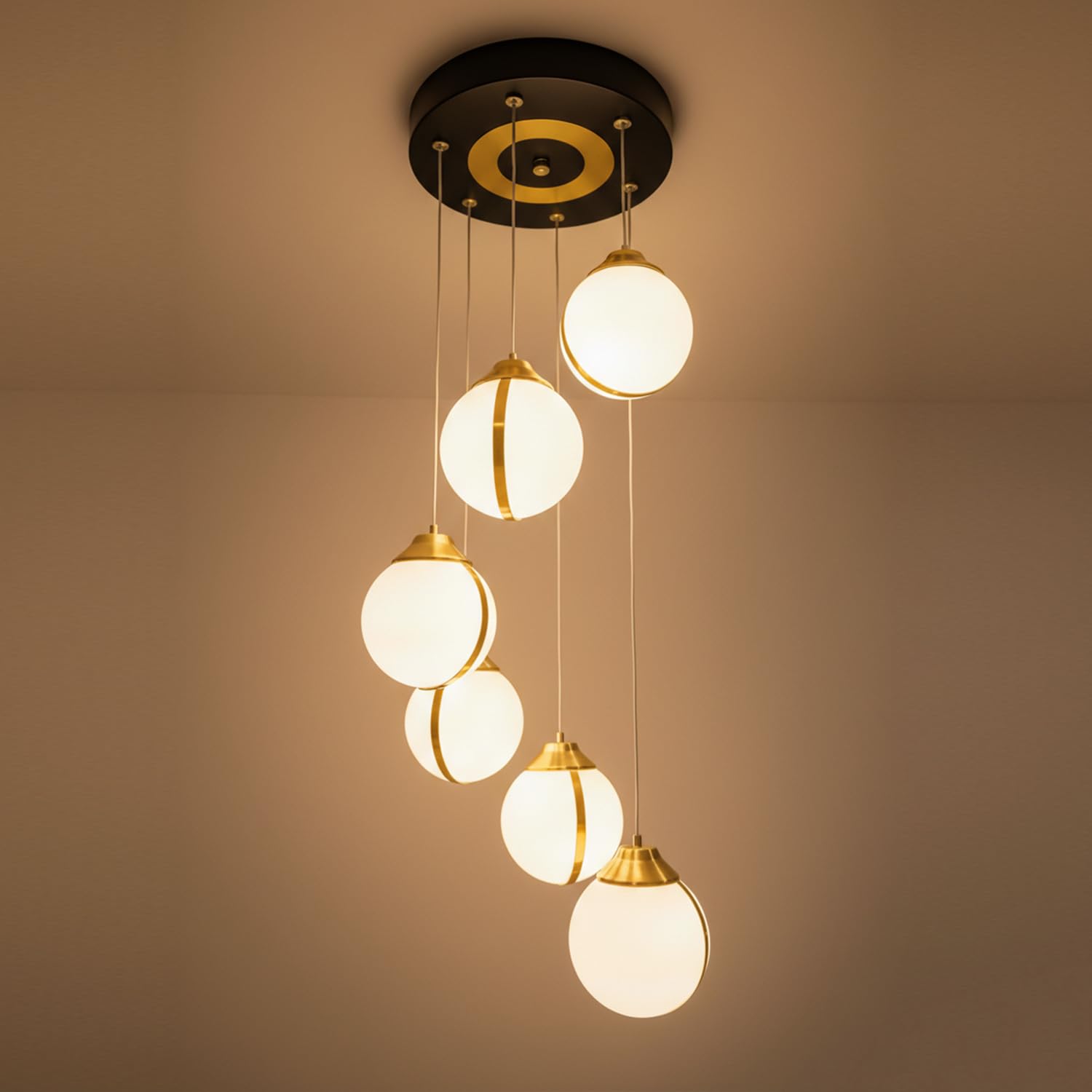 Modern 6 Globe Pendant Light | Warm Glow | Gold Finish | Acrylic Unbreakable Ball Chandelier | Premium Hanging Ceiling Light for Living Room, Staircase, Restaurants & Double Height Spaces-image-32