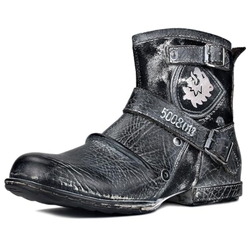 Men's Chukka Biker Cowboy Stylish Motorcycle Hiking Fashion Casual Cowhide Leather Ankle Side Zipper Boots CD-5008-1-AI-R