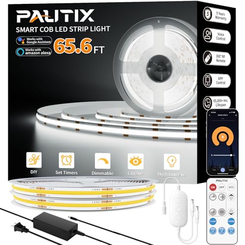 Image of PAUTIX COB LED Strip Light 65.6ft /20m,Work with Alexa /Google Assistant,9600 LEDs Daylight White 6000K,CRI93+ Super Bright High Lumen,Dimmable 24V Flexible LED Light Strip,for Home&Office DIY Lighting