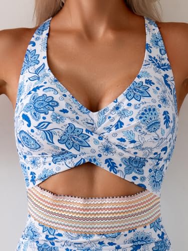 Image of B2prity Women's One Piece Swimsuit Tummy Control High Waisted Bathing Suit | Color Block,Removable Soft Cups,Cutout,V neck,Full Coverage,Adjustable Criss Cross Straps,Tie Back