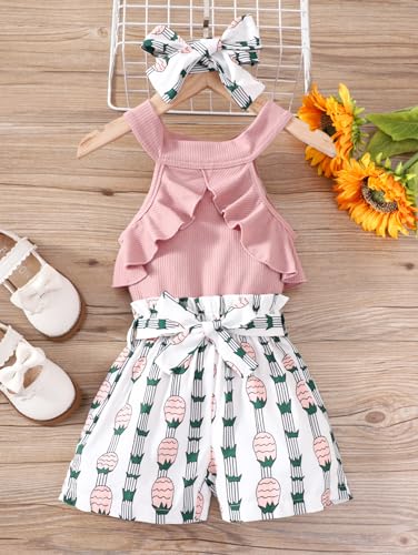Image of Agitation Girls Summer Sets with Cold Shoulder T-shirt Elastic Paperbag Waist Shorts Headband 3pcs with 2 Sets Gifts for Kids