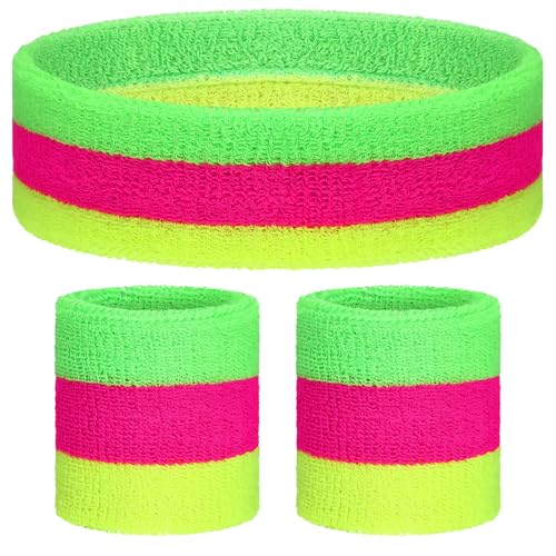 Knitgrip 3 Pack Neon Sweatbands Set 80s Wristband and Headband Color War Accessories Sports Sweatbands for Summer Ball Party(Mixing Colors)