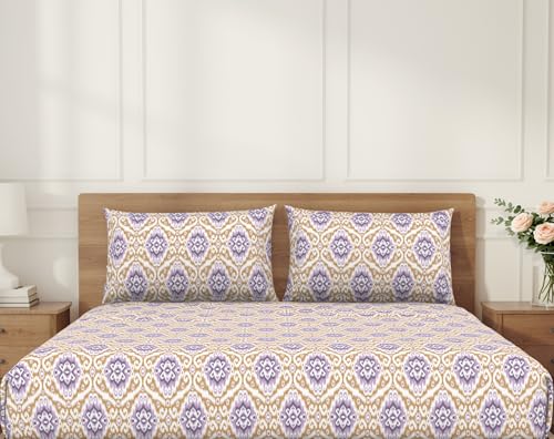 Image of Welspun ENZO Queen Size Fitted Bedsheet with 2 Pillow Covers | 360 Elastic | 100% Pure Cotton | 60 x 78 Inches | Soft, Breathable, Lightweight & Easy Care | Coral Gold