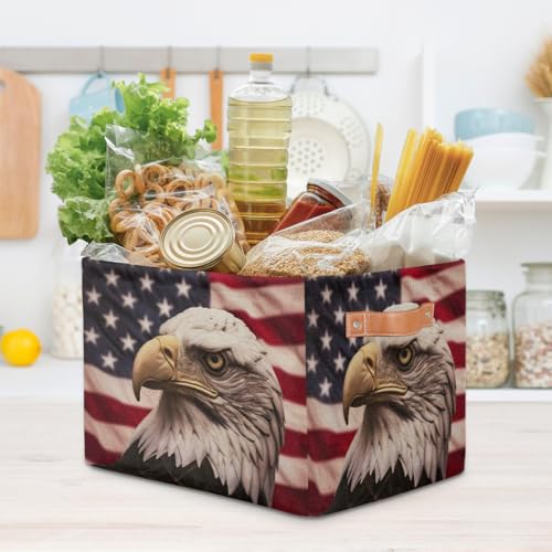 Image of Retro American Flag Storage Baskets for Organizing, Fabric Collapsible Storage Bins Box Bald Eagle Decorative Toy Organizer Baskets for Closet Shelves Gift Basket 2Pcs