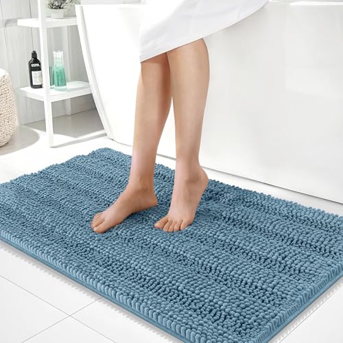 Image of OLANLY Thick Large Bathroom Rugs 40x24, Extra Soft Absorbent Chenille Striped Bath Rugs, Rubber Backing, Machine Wash, Bath Mats for Bathroom Floor, Tub and Shower, Home Decor Accessories, Airy Blue