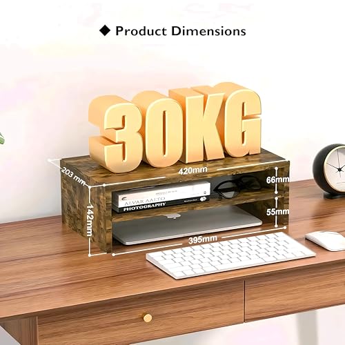 Image of OXMIC Wooden monitor /computer Stand Riser, computer /monitor stand for desk, monitor stand, monitor table, 40.6 x 20.3 x 15.2 cm, Desktop Organiser with Storage Shelf (RUSTIC BROWN)
