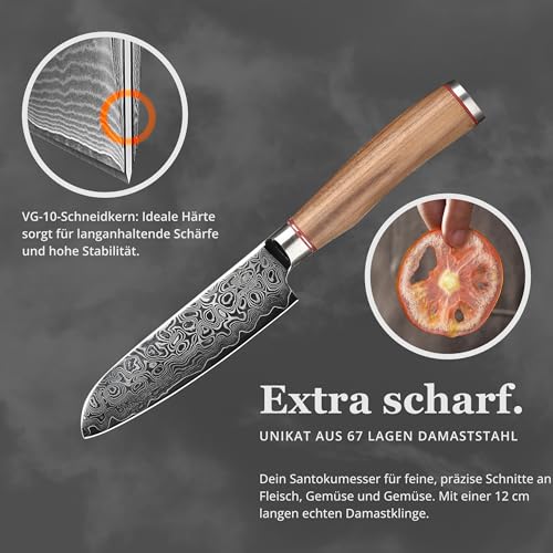 Foto von zayiko Kurumi Premium kleines Santokumesser mit 12 cm Klinge gefertigt aus 67 Lagen echtem Damaststahl mit Nussbaumgriff I Holzbox I Damastmesser Küchenmesser und Profi Kochmesser