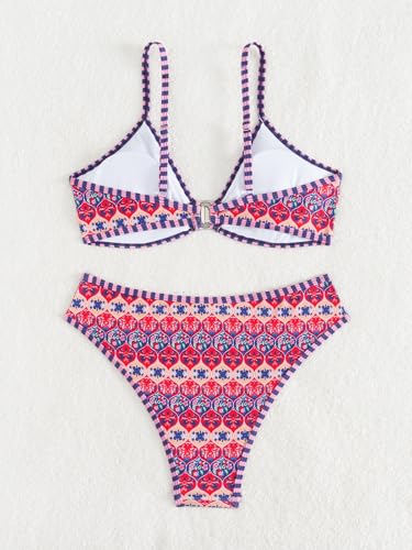 Image of Fanuerg Women's Triangle Bikini Sets O Ring Linked Two Piece Swimsuits Floral Printed Cheeky Bathing Suit