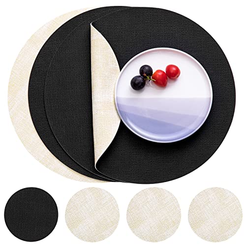 Myir JUN Set de Table en Cuir et Dessous de Verre Lot de 4, Sets de Table Rond Antidérapant Double Face Set de Table Plastique Lavable Set Table Résiste à la Chaleur (Crème Noir, Set di 4)