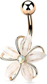 [HSP] へそピアス 14G サージカルステンレス 金属アレルギー対応 CZジュエル フラワー ホワイト バナナバーベル ボディピアス ヘソピ かわいい レディース プレゼント 人気 大人 おしゃれ
