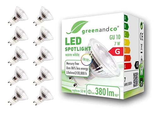 greenandco 10x IRC 97+ 2700K 36° Spot à LED GU10 7W équivalent 53W, 380lm blanc chaud SMD LED 230V AC, verre, aucun scintillement, non graduable Cover