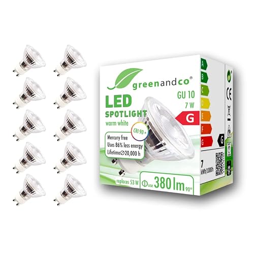10x greenandco® CRI97+ 2700K 36° LED Spot ersetzt 60 Watt GU10 Halogenstrahler, 7W 510 Lumen warmweiß SMD LED Strahler 230V AC nicht dimmbar, flimmerfrei, 2 Jahre Garantie