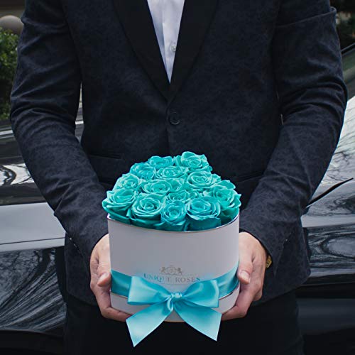Unique Roses - Real Roses That Last A Year - Preserved Roses In A Heart Shaped Box (Light Blue Roses/White Box With Ribbon) #TOP3