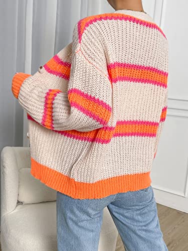 Image of WDIRARA Women's Color Block Striped Crochet Long Sleeve Cardigan Loose Open Front Button Knitted Sweaters