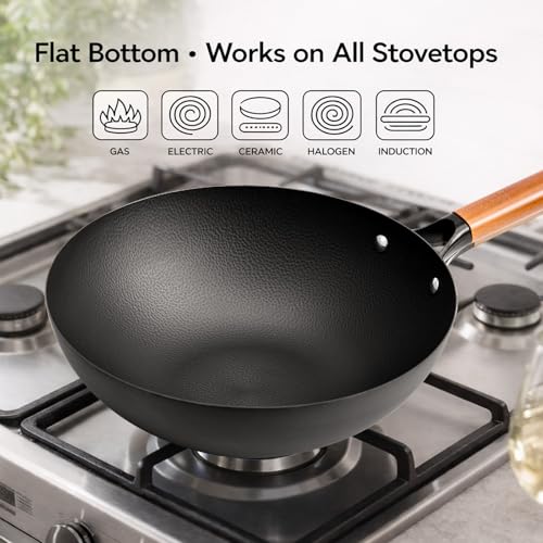 Image of WANGYUANJI 12.6 inch Carbon Steel Wok with Lid, Flat Bottom Wok Pan for Induction and Gas Stoves, Heavy Duty Unseasoned Asian Stir Fry Pan with Detachable Wooden Handle