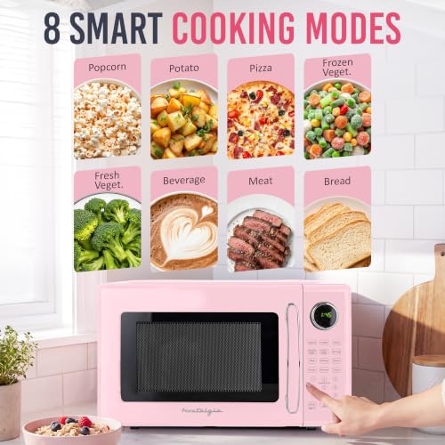 Image of Nostalgia Retro Microwave Oven - 1.1 Cu Ft, 1000-Watt Countertop Size with Glass Turntable, Child Safety Lock, 8 Auto-Cook Programs, Digital Clock - Pink