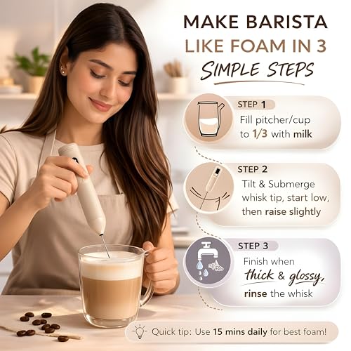 Image of Coffee Frother - Electric Rechargeable Coffee Maker Machine for Home Electric Coffee Frother & Milk Whisker | 1 Year Warranty | Free Recipe Book (Frother) (Ivory Beige)