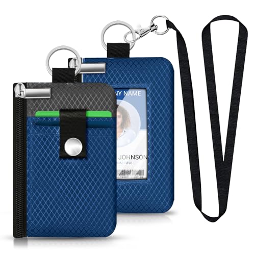 Image of Minimalist RFID Blocking Small Wallet with ID Window,WaterResistant Zip Id Case Wallet with Lanyard Keychain for Cards,Cash,Travel,Women,Men (Electric Blue /DarkGrey)