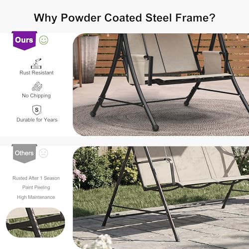 Image of PURPLE LEAF Porch Swing with Adjustable Tilt Canopy 2-Seat Patio Swing with Stand and Metal Steel Frame All-Weather Outdoor Swing Chair Seat Space-Saving for Backyard Garden Deck (Silver Grey)