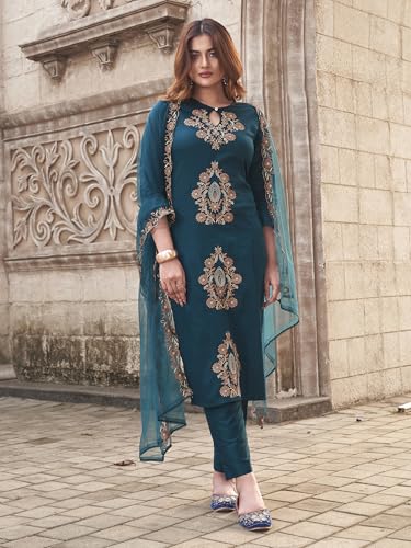 Womanista Women's Cotton Blend Solid Straight Embroidered Kurta Set (Kurtaset_1397_Teal