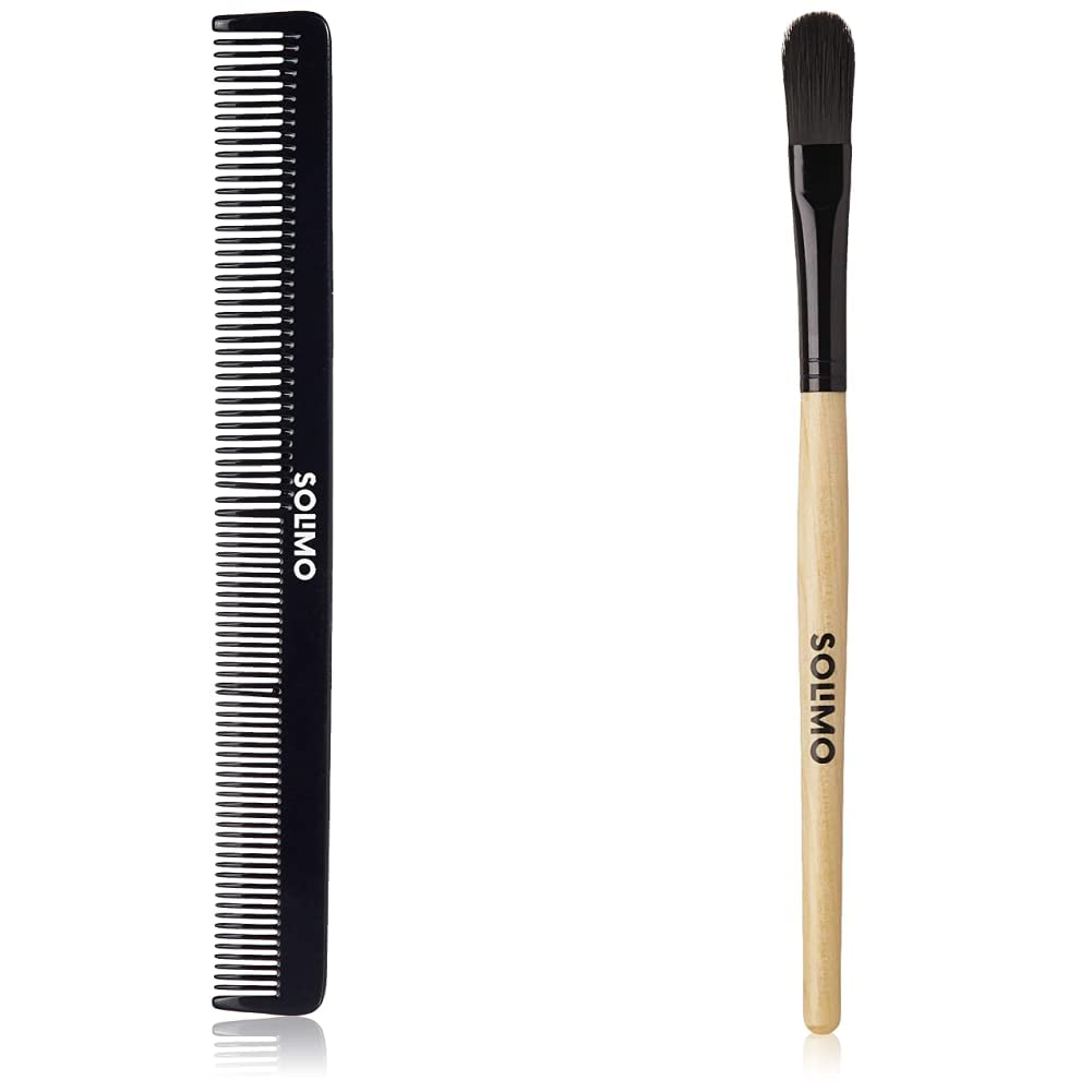 Amazon Brand - Solimo Handmade Black Extra-Thin Barber Comb, 21 cm x 3 cm & Amazon Brand - Solimo Pan Cake Makeup Brush