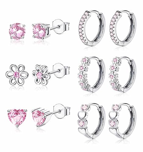 YADOCA 𝟵𝟮𝟱 𝗦𝘁𝗲𝗿𝗹𝗶𝗻𝗴 𝗦𝗶𝗹𝘃𝗲𝗿 Earrings for Girls Women - Hypoallergenic Cute Kids Toddler Earrings - Cubic Zirconia Earrings Studs Hoop Set for Sensitive Ears