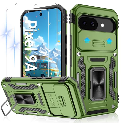 Coque Google Pixel 9A antichoc militaire vert avec béquille et verre