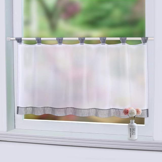 LinTimes Cafe Curtain Window Tier Curtain, Semi Sheer Curtain Window Treatment Tab Top Voile Window Curtain, Tier Half Window Curtains for Kitchen Bathroom Living Room, Grey, 60*145 cm