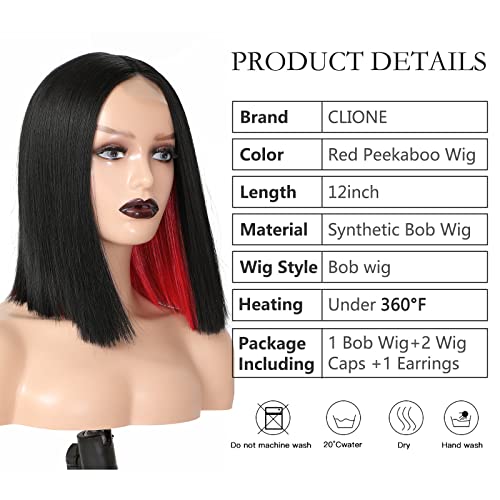 Bob Wigs For Women Red Peekaboo Wig Synthetic Hair Straight Bob Wig Shoulder Length Black With Red Highlights Wig Blunt Cut Bob Lace Front Wig Short Bob Wigs For Daily Party Use,Red #TOP2