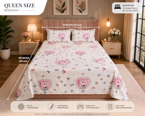 Image of Queen Size Bedsheet and Pillow Case Set - 3 Piece Super Soft Cotton Printed Bed Sheet, Cute Girly Floral & Bunny Pattern, Lightweight & Breathable (Queen, 90 inch x 100 inch)